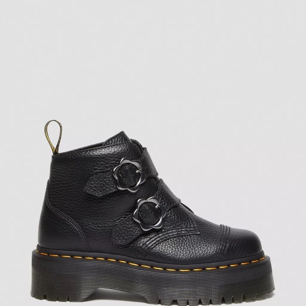 New Dr. Martens Women's Devon Flower Buckle Leather Platform Boots - Picture 5 of 8